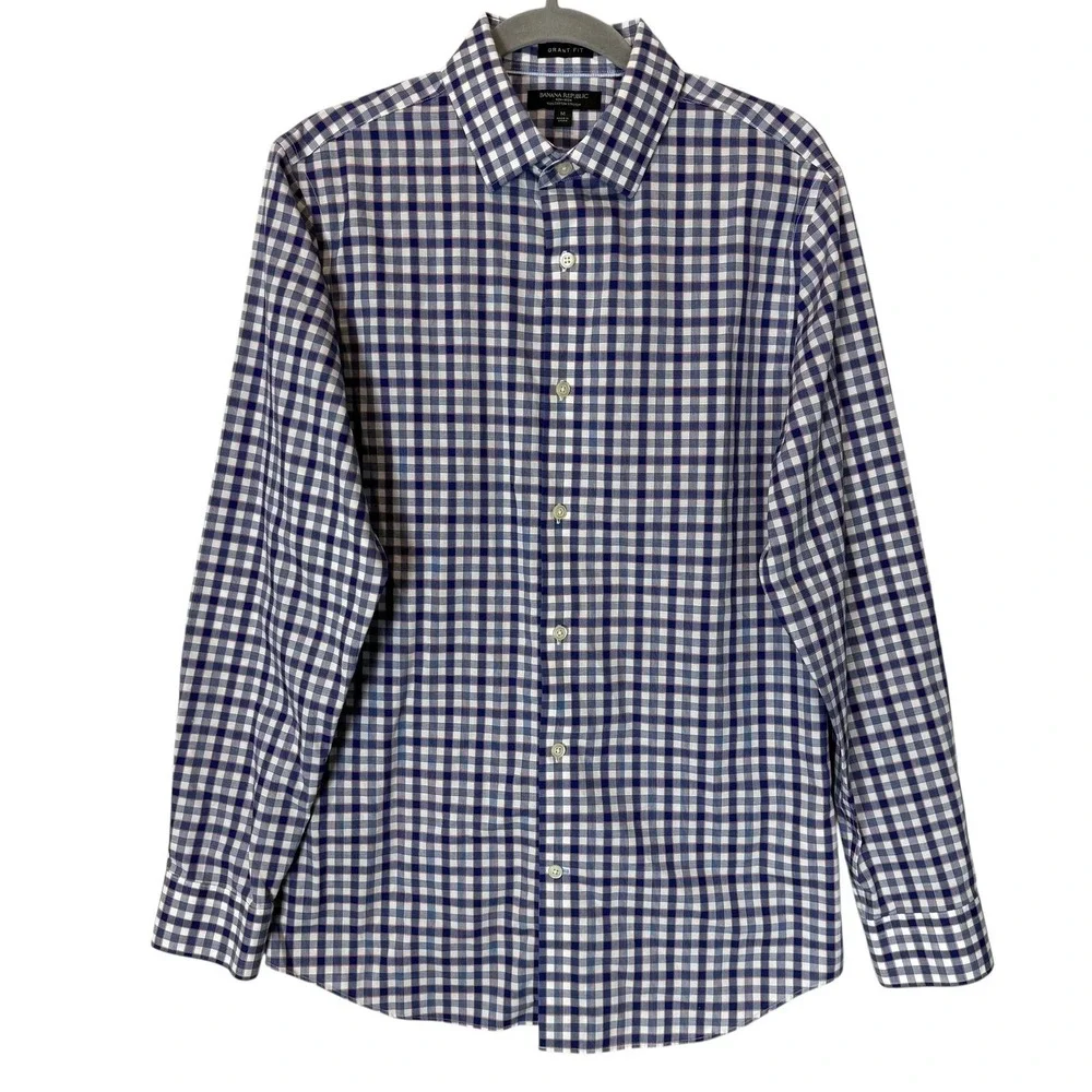 Banana Republic‎ Dress Shirt Mens Medium Blue Gingham Grant Fit Non Iron Stretch